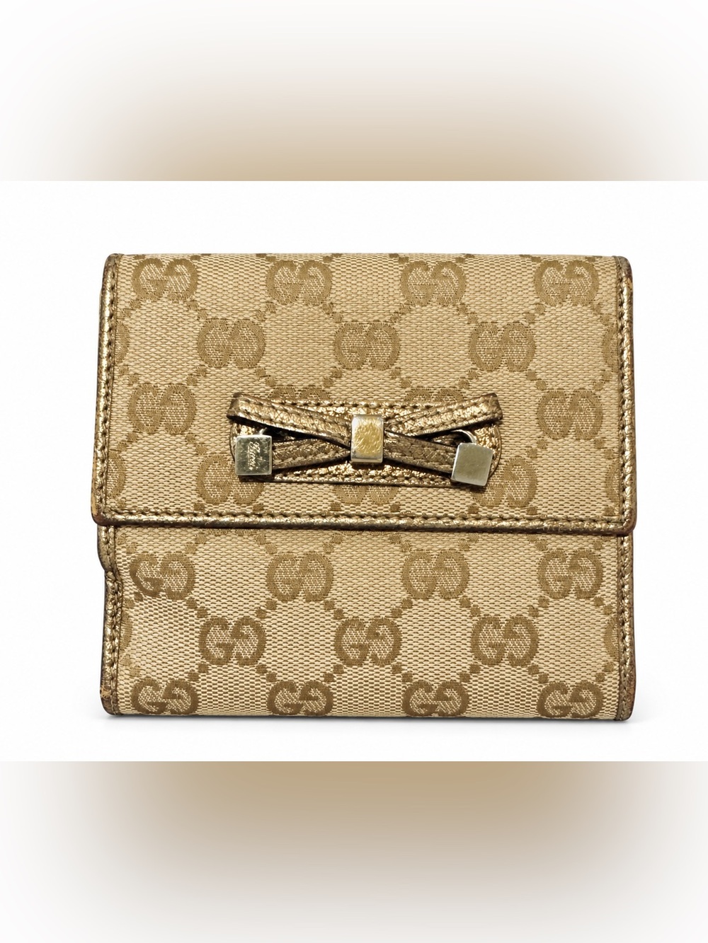 Vintage Gucci Gold Bow Beige Brown GG Canvas Leather Compact Wallet